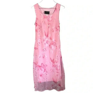 Bright Pink Floral Micromesh Midi Dress Size 6 Petite Romantic Vintage